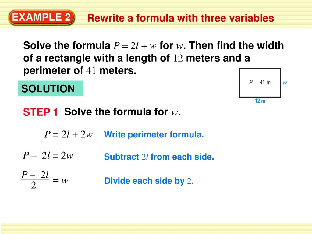 solve the formula p 2 l w for w then find