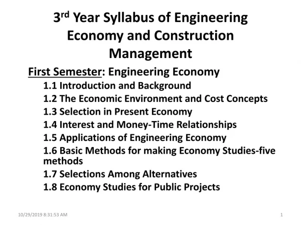 3 rd Year Syllabus of Engineering Economy and Construction Management