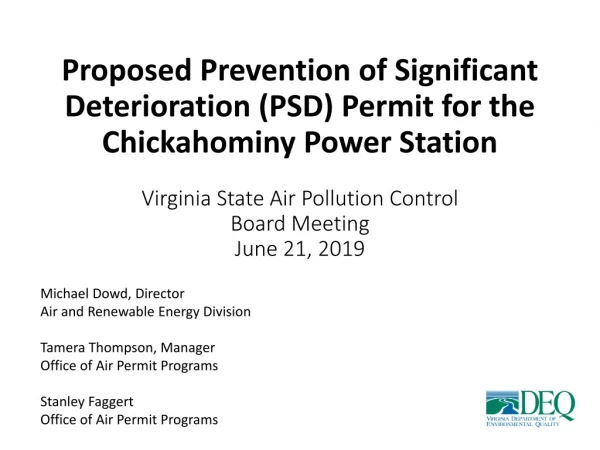 Proposed Prevention of Significant Deterioration (PSD) Permit for the Chickahominy Power Station