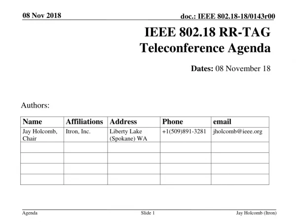 IEEE 802.18 RR-TAG Teleconference Agenda