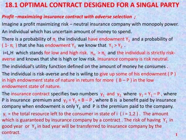18.1 OPTIMAL CONTRACT DESIGNED FOR A SINGAL PARTY