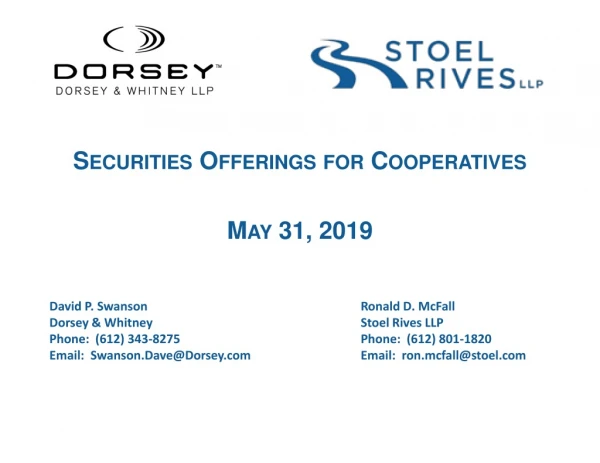 Securities Offerings for Cooperatives May 31, 2019