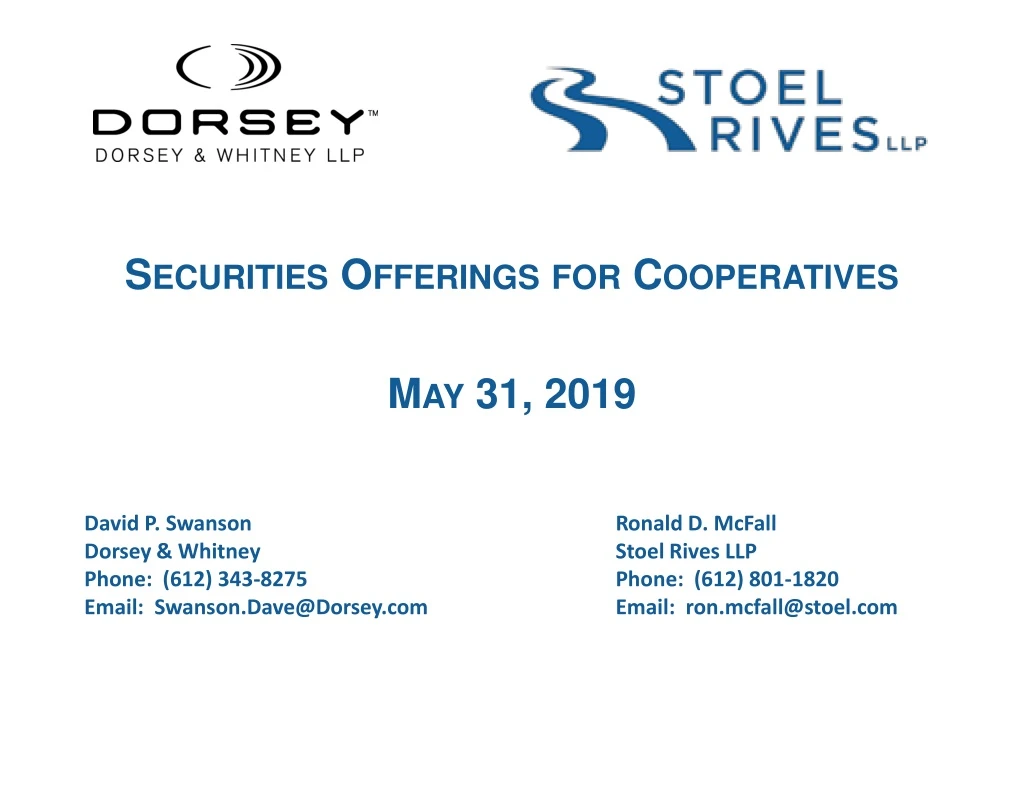 securities offerings for cooperatives may 31 2019