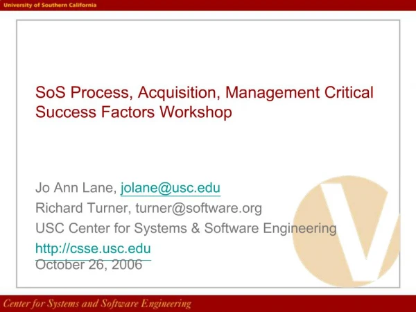 SoS Process, Acquisition, Management Critical Success Factors Workshop