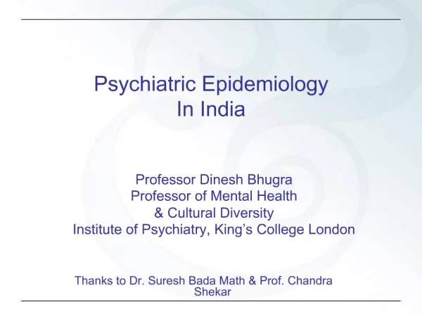 Psychiatric Epidemiology In India