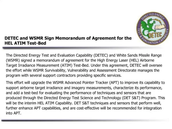 DETEC and WSMR Sign Memorandum of Agreement for the HEL ATIM Test-Bed
