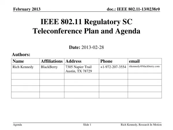 IEEE 802.11 Regulatory SC Teleconference Plan and Agenda