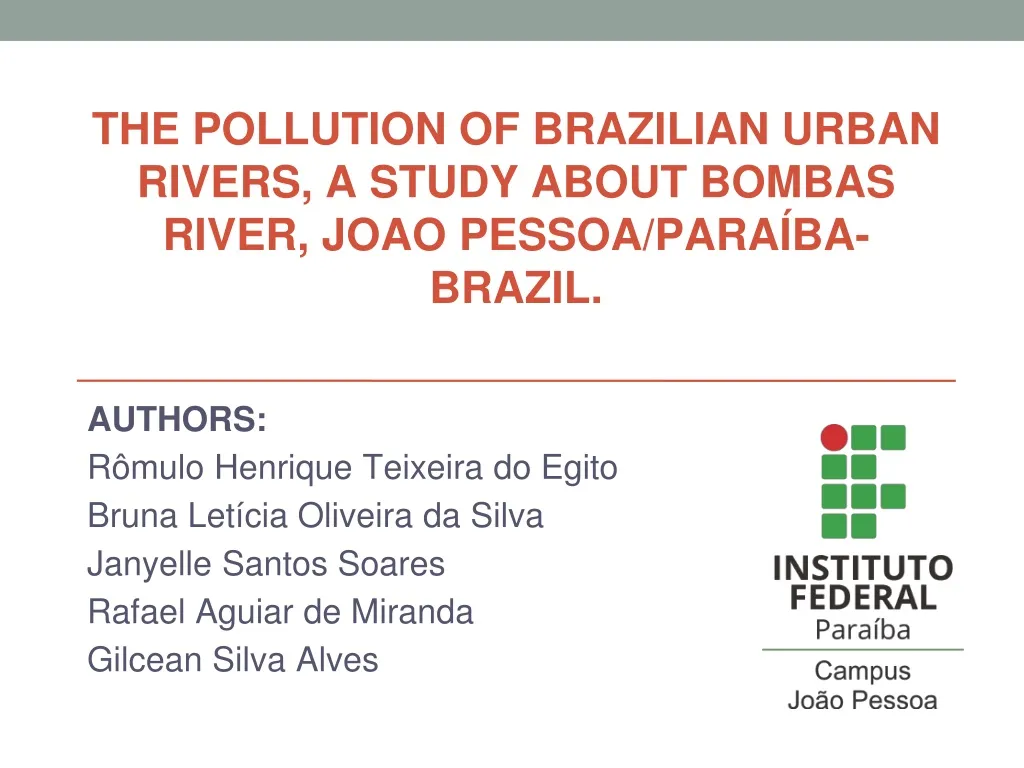 the pollution of brazilian urban rivers a study about bombas river joao pessoa para ba brazil