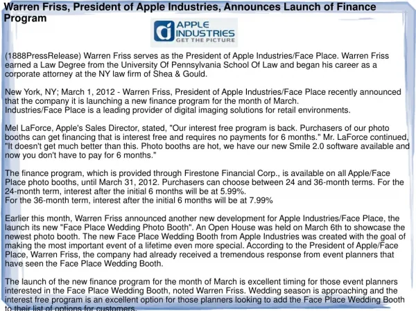 Warren Friss, President of Apple Industries, Announces Launc