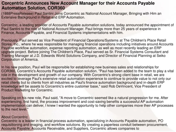 Corcentric Announces New Account Manager for their Accounts