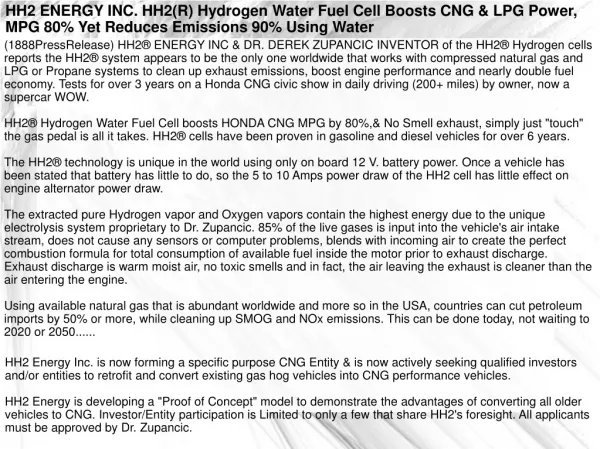 HH2 ENERGY INC. HH2(R) Hydrogen Water Fuel Cell Boosts CNG &