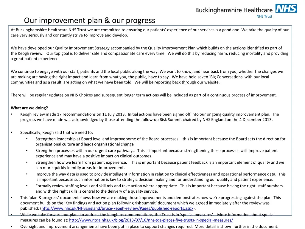 our improvement plan our progress