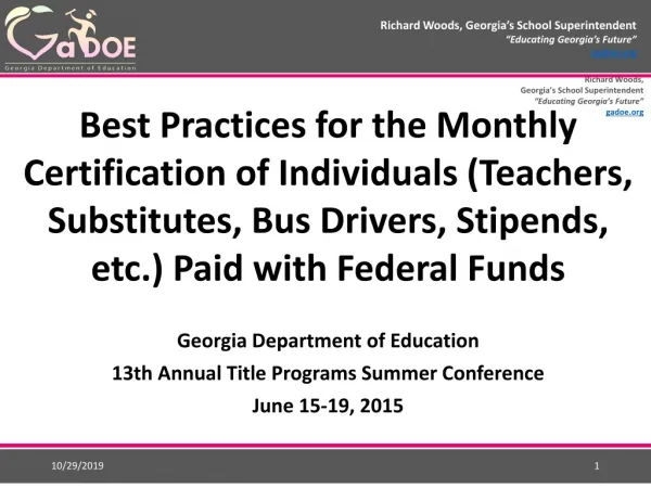 Georgia Department of Education 13th Annual Title Programs Summer Conference June 15-19, 2015