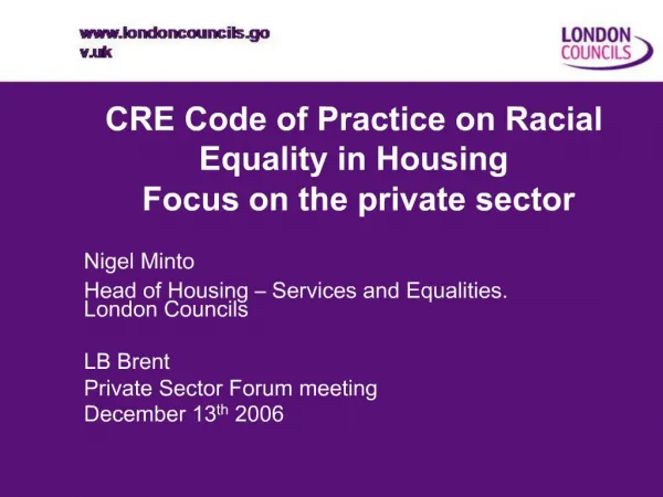 CRE Code of Practice on Racial Equality in Housing Focus on the private sector