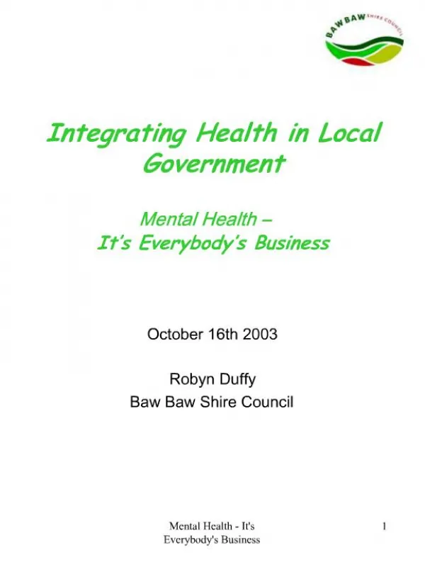 Integrating Health in Local Government Mental Health It s Everybody s Business