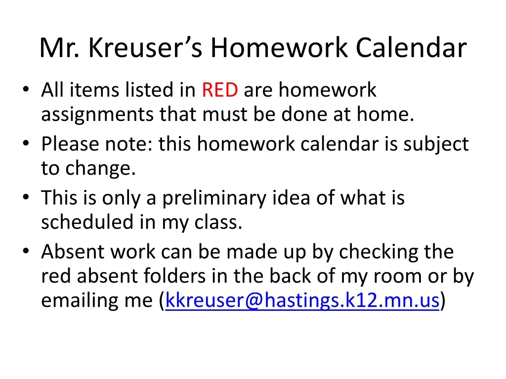 mr kreuser s homework calendar