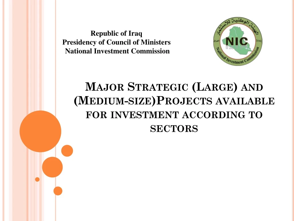 major strategic large and medium size projects available for investment according to sectors