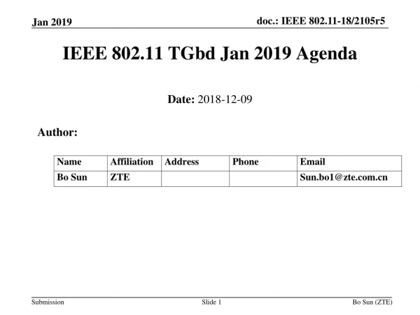 IEEE 802.11 TGbd Jan 2019 Agenda