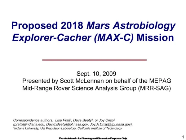 Proposed 2018 Mars Astrobiology Explorer-Cacher MAX-C Mission