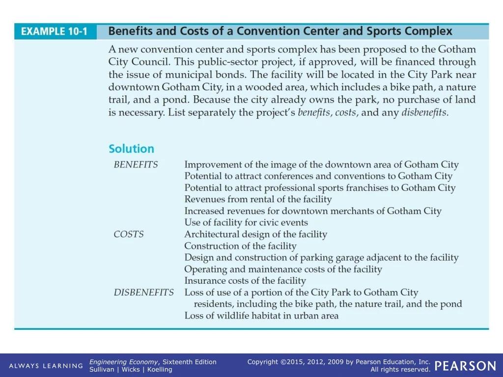example 10 1 benefits and costs of a convention center and sports complex