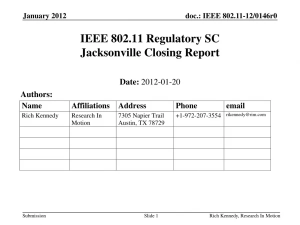 IEEE 802.11 Regulatory SC Jacksonville Closing Report