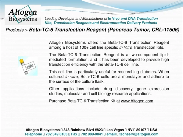 Products &gt; Beta-TC-6 Transfection Reagent (Pancreas Tumor, CRL-11506)