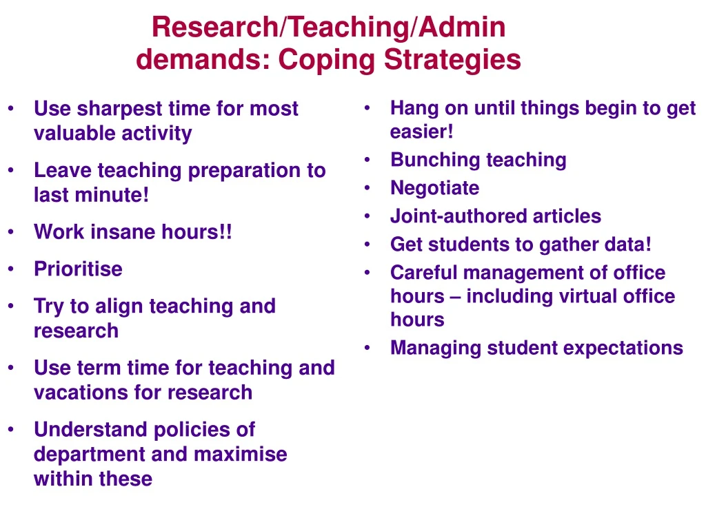 research teaching admin demands coping strategies