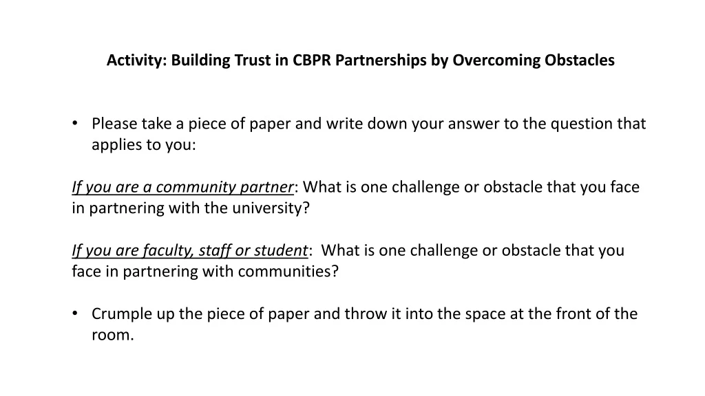 activity building trust in cbpr partnerships