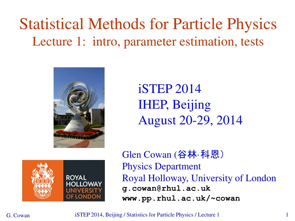 statistical methods for particle physics lecture 1 intro parameter estimation tests