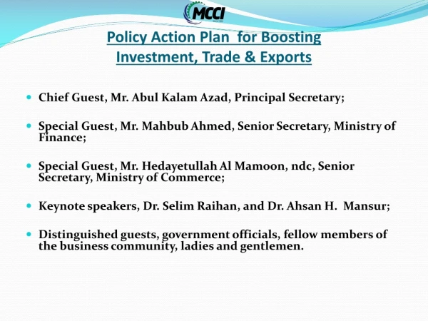 Policy Action Plan for Boosting Investment, Trade &amp; Exports