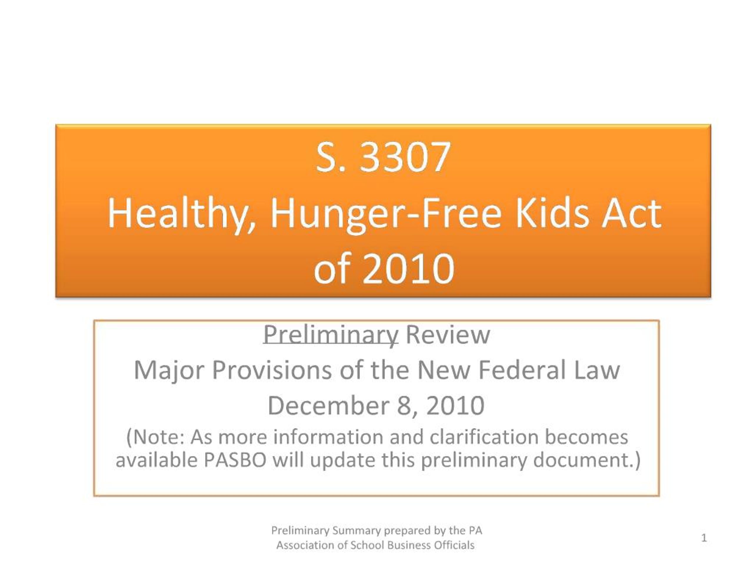 PPT - S. 3307 Healthy, Hunger-Free Kids Act of 2010 PowerPoint ...