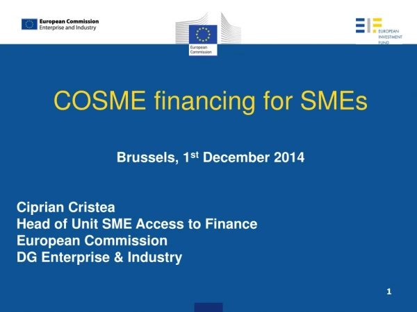 COSME financing for SMEs Brussels, 1 st December 2014