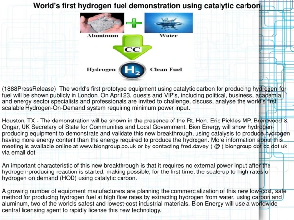 World's first hydrogen fuel demonstration using catalytic ca