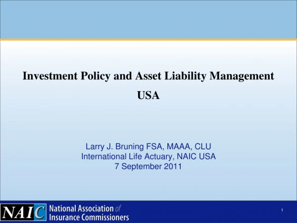 Larry J. Bruning FSA, MAAA, CLU International Life Actuary, NAIC USA 7 September 2011