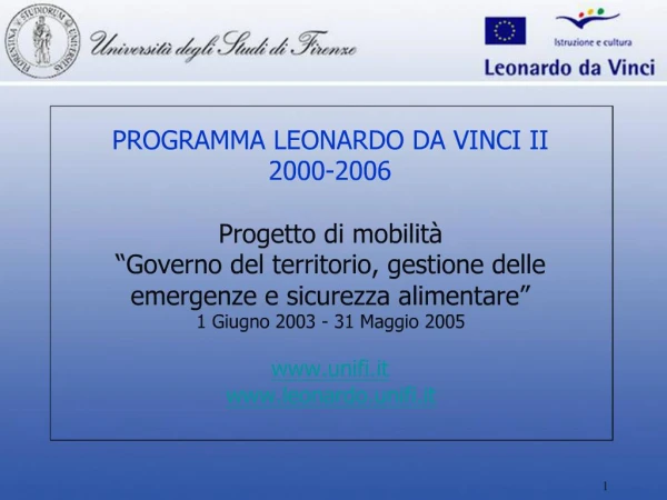 PROGRAMMA LEONARDO DA VINCI II 2000-2006 Progetto di mobilit Governo del territorio, gestione delle emergenze e sicu