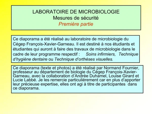 LABORATOIRE DE MICROBIOLOGIE Mesures de s curit Premi re partie
