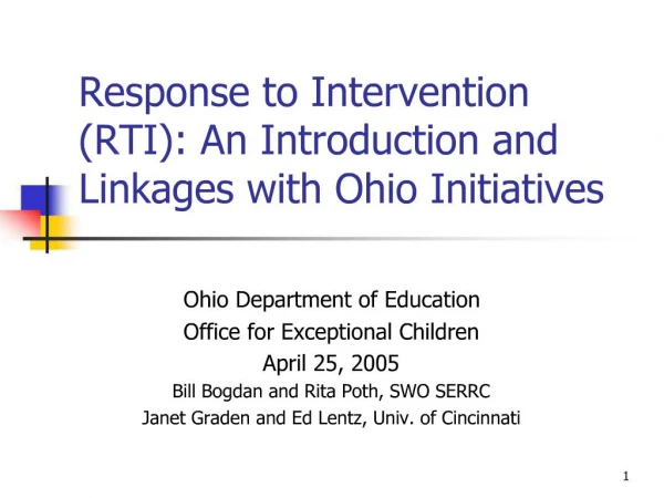 Response to Intervention RTI: An Introduction and Linkages with Ohio Initiatives