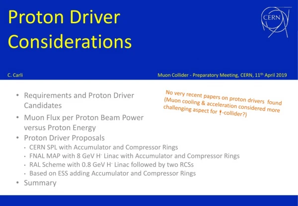 Requirements and Proton Driver Candidates Muon Flux per Proton Beam Power versus Proton Energy