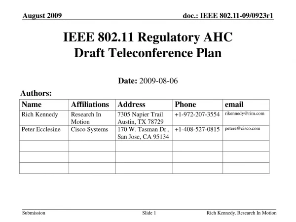 IEEE 802.11 Regulatory AHC Draft Teleconference Plan