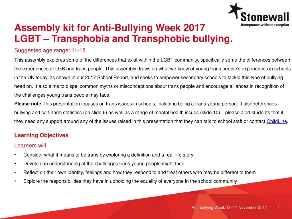 assembly kit for anti bullying week 2017 lgbt