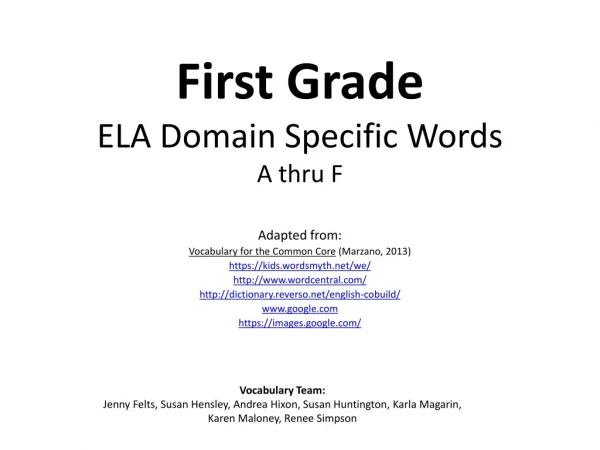 First Grade ELA Domain Specific Words A thru F