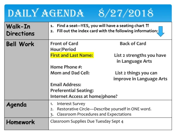 Daily Agenda	 8/27/2018