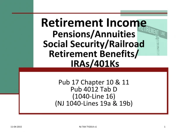 Retirement Income Pensions/Annuities Social Security/Railroad Retirement Benefits/ IRAs/401Ks