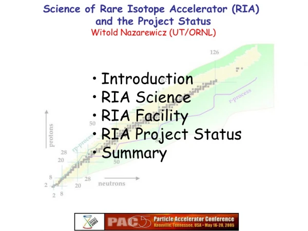 Science of Rare Isotope Accelerator (RIA) and the Project Status Witold Nazarewicz (UT/ORNL)
