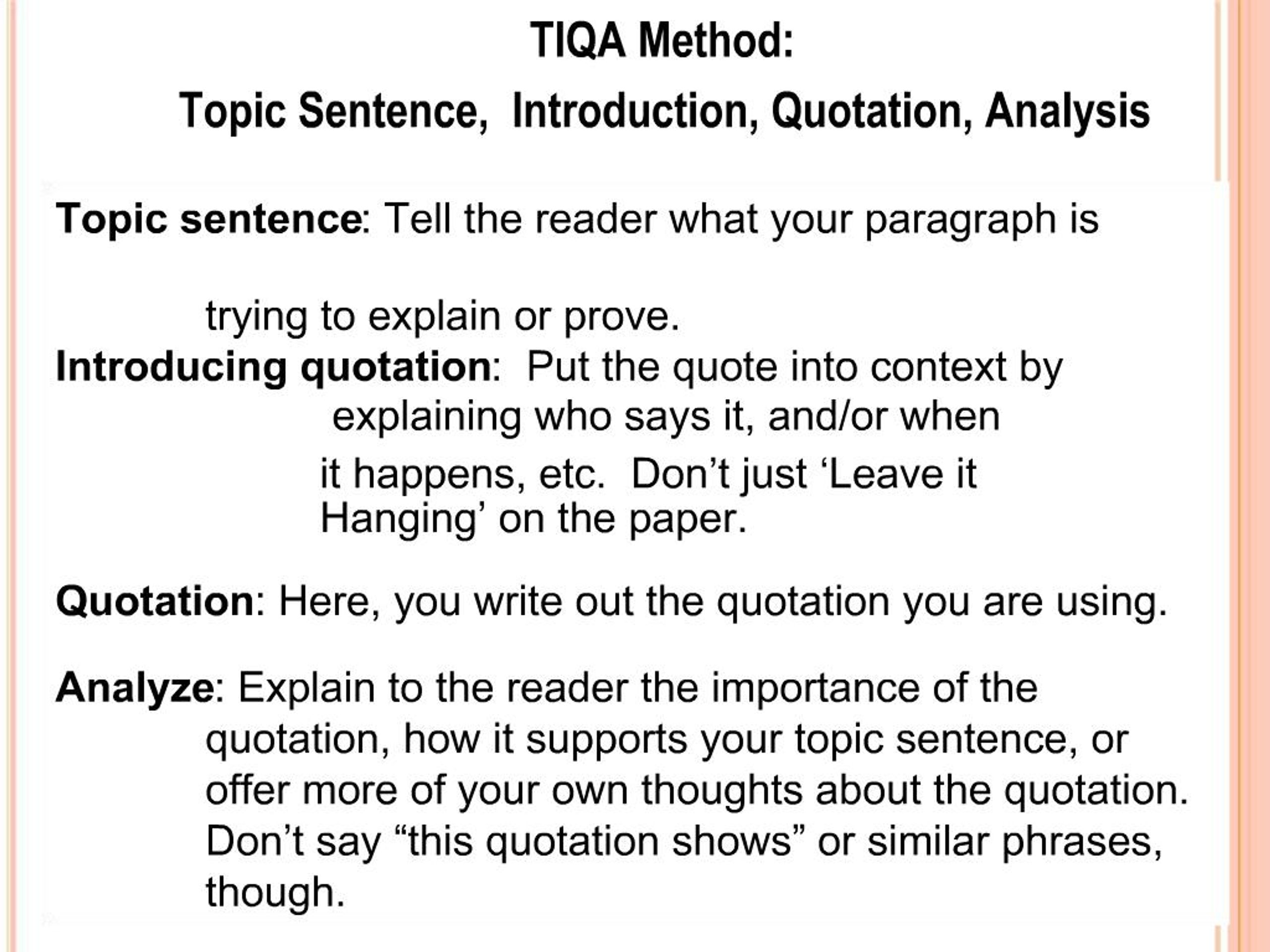 Tiqa Examples PPT - TIQA Method: Topic Sentence, Introduction, Quotation, Analysis ...
