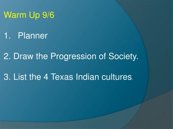 Warm Up 9/6 Planner 2. Draw the Progression of Society. 3. List the 4 Texas Indian cultures .