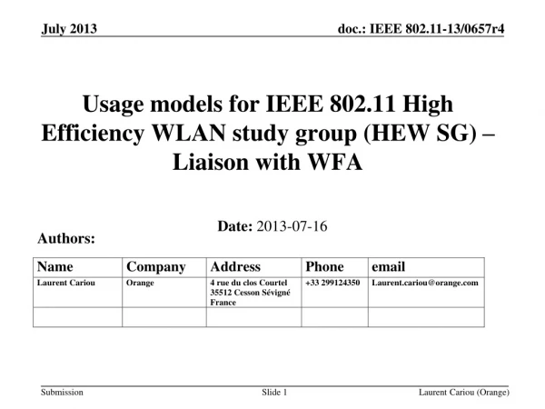 Usage models for IEEE 802.11 High Efficiency WLAN study group (HEW SG) – Liaison with WFA
