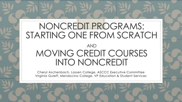 Noncredit Programs: Starting One from Scratch and Moving Credit Courses into Noncredit