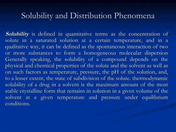 Solubility and Distribution Phenomena