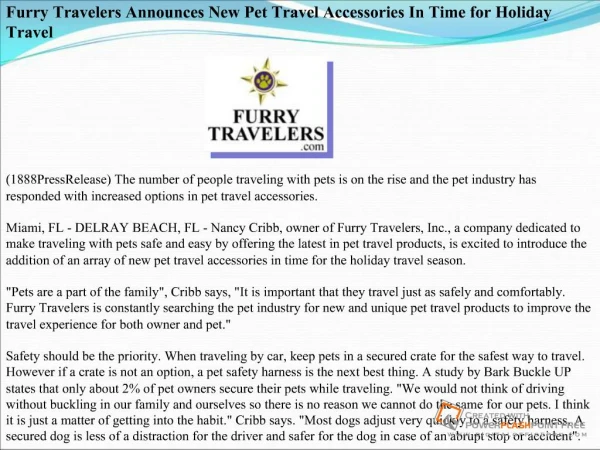Furry Travelers Announces New Pet Travel Accessories In Time